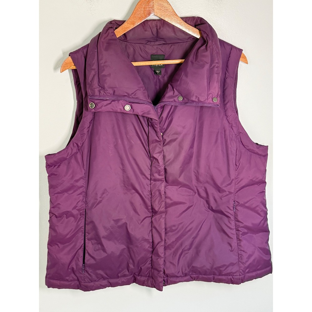 Eileen Fisher Womens Purple Down Puffer Vest Quilted Full Zip Snap Collar Large